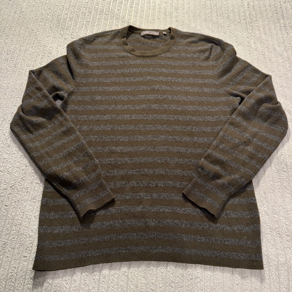 Vince Sweater Mens XL Green Gray 100% Cashmere Striped Crewneck Grunge Gorpcore